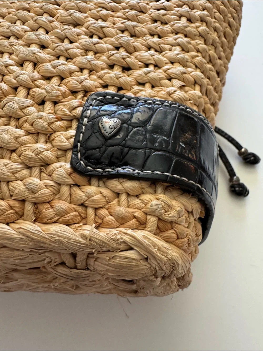 Brighton Cody Tan Woven Straw Shoulder Bag with Black Trim